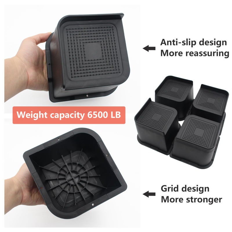 HANIHUA 6 Pack Bed Risers 4 inch Heavy Duty, Oversized Furniture Risers, Black Bed Lifts Risers for Table, Sofa, Chair, Couch, Desk, Bed Frame Risers Supports Up to 6,500 Lbs - Image 4